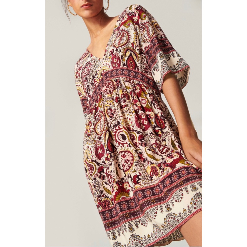 BA&SH | Zelda Boho Mini Dress in Ecru Paisley, Size Large